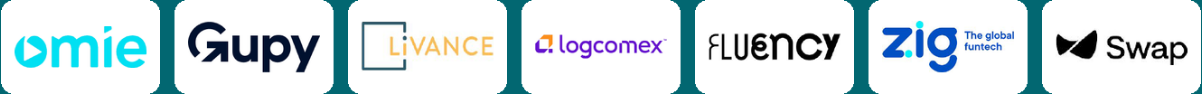 Logos de Omie, Gupy, Livance, Logcomex, Fluency, Zig e Swap