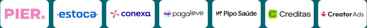 Logos de Pier, Estoca, Conexa, Pagaleve, Pipo Saúde, Creditas e CreatorAds